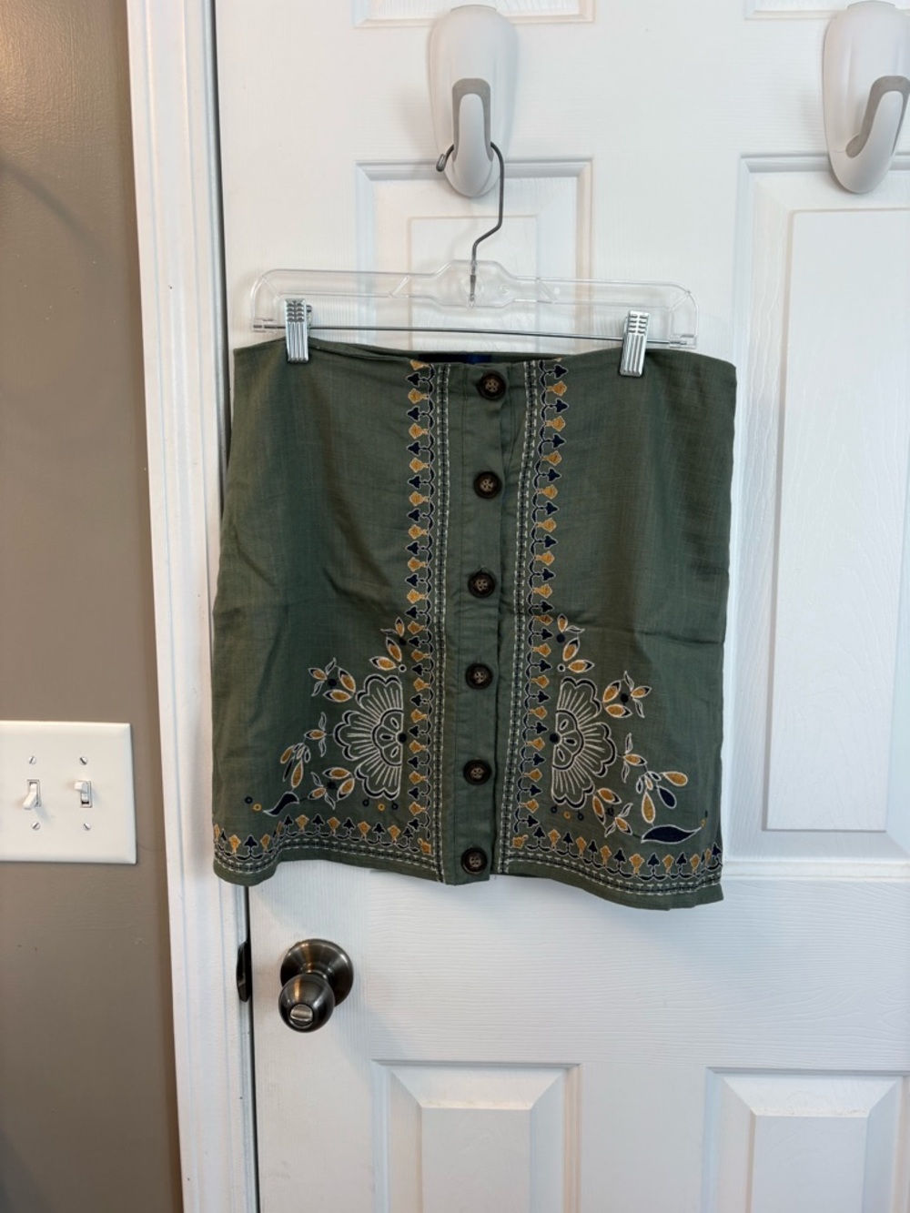 Blue Rain Olive Green Embroidered Button-Front Mini Skirt